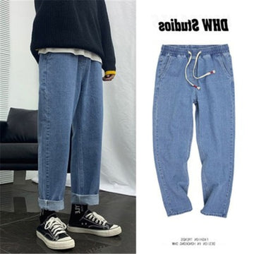 Aidase Spring And Autumn Elastic Waist Jeans Men's Loose All-Match Straight Pants Large Size Casual Falling Wide Leg 9-Point PantS 2021 aidase-shop